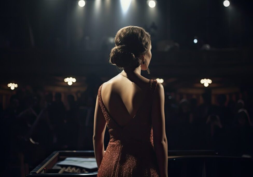 back view of beautiful young woman in evening dress looking away at night club, An opera singer full rear view singing in front of large audience, AI Generated
